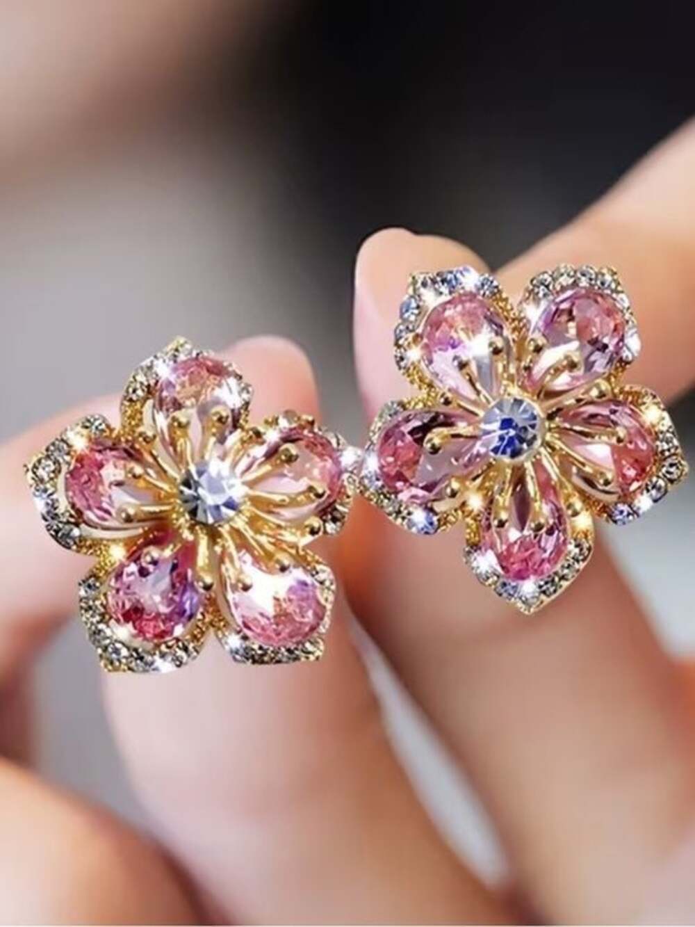 Gold Floral Pink Crystal Stud Earrings